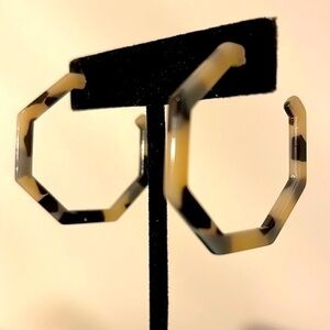 Acrylic, Tan and Black, Hexagonal Hoop Earrings with a Tortoiseshell Design